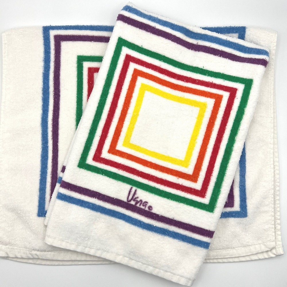 Vintage Set Vera Neumann Hand Towels Rainbow Concentric Squares MCM USA 15x25